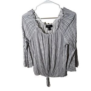 BCX Blouse Women's Large Striped Round Neck 3/4 Sleeve Tie Casual Top